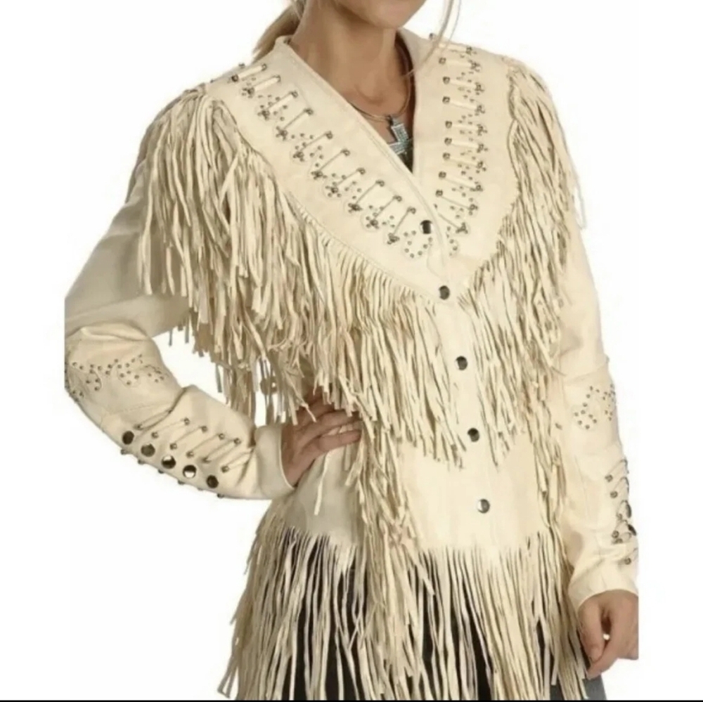 USA BIKERS DREAM APPAREL LEATHER FRINGE JACKET sz M/L Vintage Western Bikercore